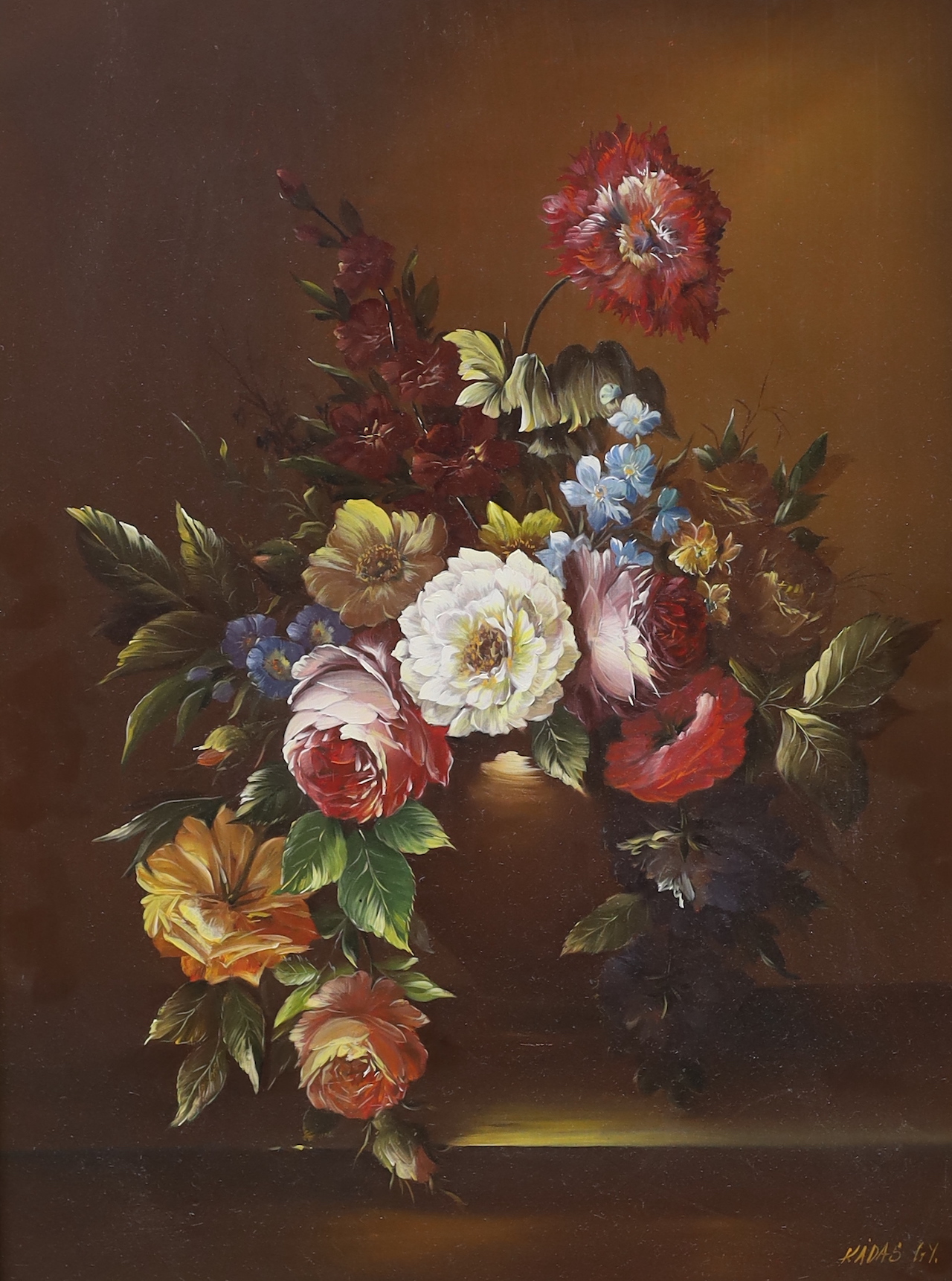 Kadas, oil on board, Still life of flowers in a vase, signed and dated '67, 39 x 29cm, gilt frame
